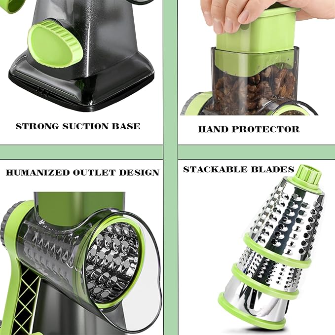 Cheese Grater with Handle, Multifunctional Manual Rotary Cheese Grater - Cheese Shredder Easily Chop Carrots, Potatoes, Vegetables and Fruits and Easy to Clean(Grey green)