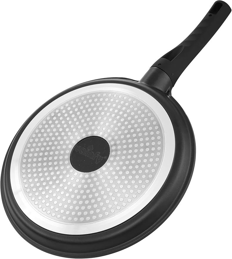 Non Stick 11 Inch Granite Coated Crepe Pan - Lightweight 4.27 Quart Dosa Pan with Comfort Stay Cool Grip Handle - Induction Compatible PFOA Free Tortilla Cookware (Black)
