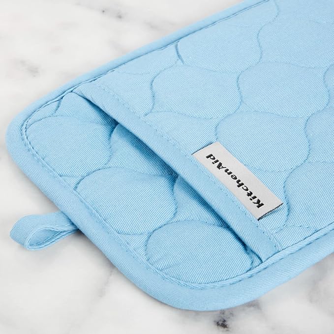 KITCHENAID Quilted Cotton Terry Cloth Oven Mitt, Pot Holder, Kitchen Towel 4-Pack Set, Heat Resistant, Silicone Grip, Gift Set, Blue Velvet, 16"x26", 7"x13" & 7"x10"