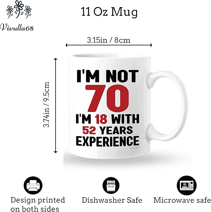 Vivulla68 70th Birthday Mug 11oz, 70 Year Old Birthday Gifts for Men - Funny Gift for Women, Men - Vintage 1955 Coffee Cup - Unique Present for Man, Woman, Mom, Dad, Grandma, Grandpa - Turning 70 Idea
