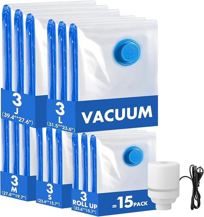 15 Pack Vacuum Storage Bags with Electric Pump, Compression Space Saver Vacuum Seal Bags 3 Jumbo/3 Large/3 Medium/3 Small/3 Roll Up Bags for Clothing Travel Comforters Blankets Pillows Bedding Duvets