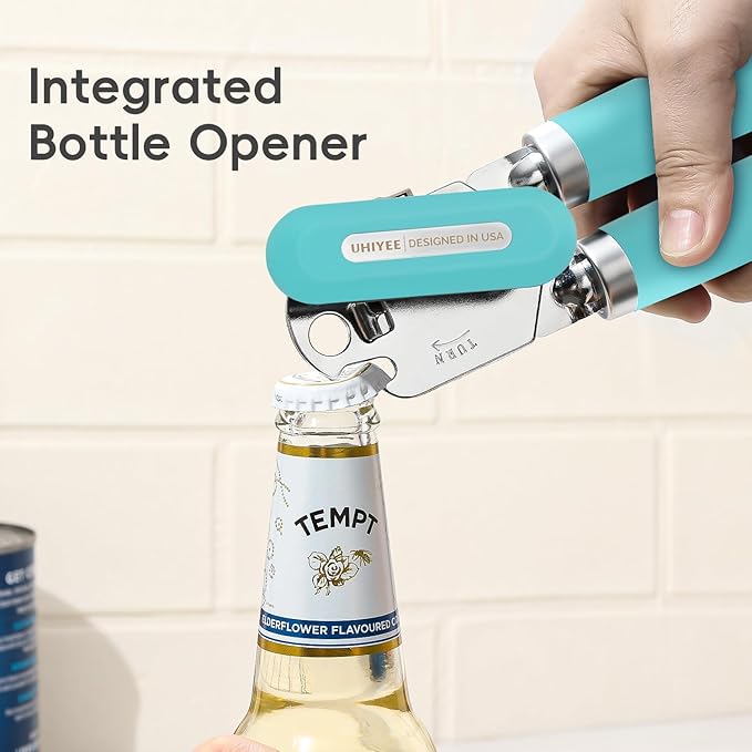 Can Opener Manual, UHIYEE Hand Held Manual Can Openers Heavy Duty with Smoother Cut Sharp Blade, Manual Hand Can Open with Soft Handle, Easy to Turn Knob, Magnetic Lid Lifter, Turquoise