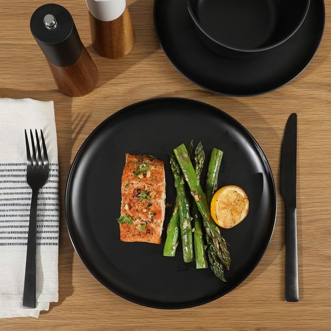 Gibson Home Fairhope 12-Piece Matte Black Melamine Dinnerware Set – Durable Lightweight Plates and Bowls, Kitchen Dining Set