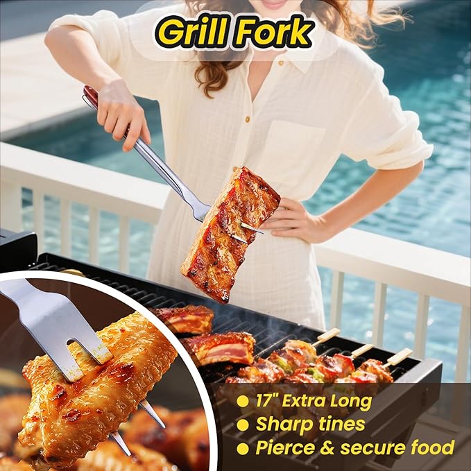 4PCS Grilling Accessories Rose Wooden BBQ Grilling Tools Set, Heavy Duty Stainless Steel Barbecue Grill Tools Kit with Spatula, Clips, Brushes, Forks for Outdoor Grill, BBQ Gift for Men and Women