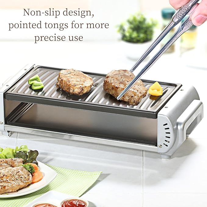 Kitchen Tongs - 304 Stainless Steel, Comfortable Grip, Non-Slip Design, High Heat Resistant Cooking Tongs- Ideal for Home, Kitchen, Korean BBQ (Silvery, 9＋12 Inch)