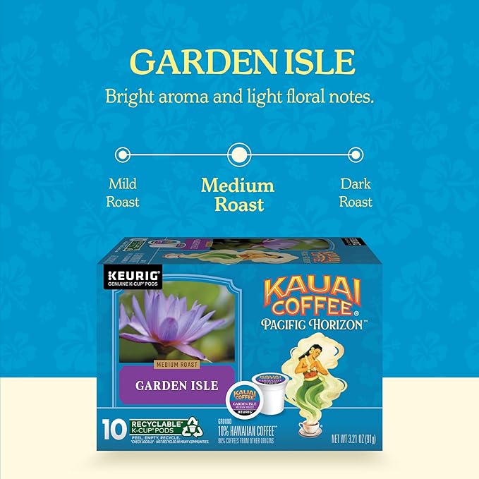Kauai Coffee K-Cup Pods for Keurig Brewers – Arabica Coffee, 10% Hawaiian – Medium Roast, Bright Aroma With Light Floral Notes – Garden Isle, 1 Pack of 10 Single Serve K-Cups