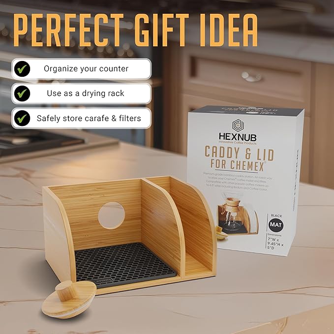 HEXNUB Caddy and Lid for Pour Over Coffee Maker, Bamboo Stand fits Chemex, Bodum, Cosori Coffee Carafes, Heatproof Mat, Filter Holder - Black Mat