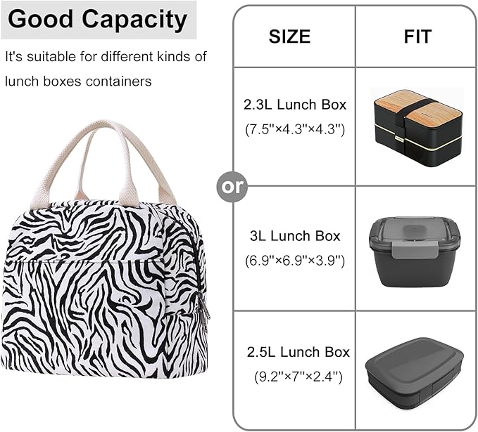EurCross Sleek Black White Zebra-striped Lunch Tote Bag Trendy for Women, Lightweight, Reusable and Insulated Canvas Stylish Bento Box Bag for Adult Ladies on the go