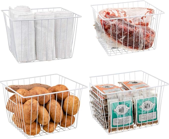 Freezer Wire Baskets, Kitchen Storage Organizer Bins for Chest and Upright Freezer, Refrigerator Dividers Containers with Handles - Pearl White (3)
