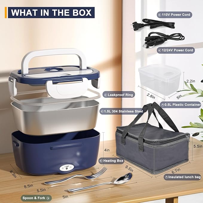 Monteka Electric Lunch Box Food Heater - Leakproof Portable Food Warmer heated lunch box for adults for Car/Home/Truck with 1.5L Removable Stainless Steel Container, 60W, 12V/24V/110V, DarkBlue