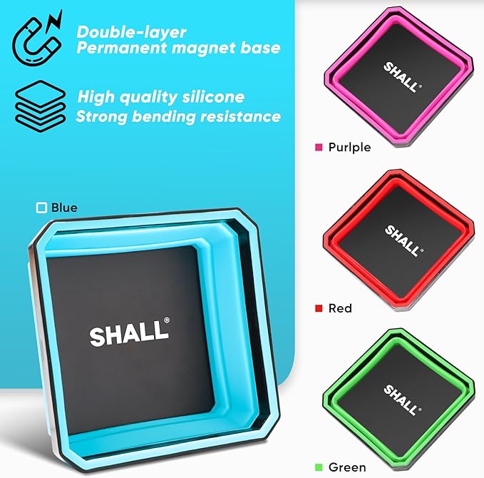 SHALL New Version Collapsible Magnetic Parts Tray Set, 4-Pack Magnetic Tool Trays for Screw Bolts Nuts Washers Pins & Small Metal Parts, 4.5” Square Silicone Foldable Bowls w/Dual-Sided Magnetic Base