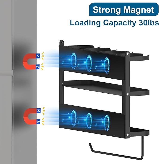 Magnetic Spice Rack,4-Slot Stanley Cup Water Bottle Holder with Paper Towel Holders and Removable Hooks for Fridge(Black Medium)