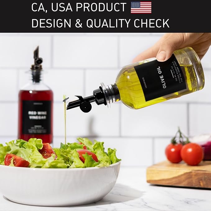 Clear Glass Olive Oil Dispenser Bottles For Kitchen With Silicone Tray & 40 Labels, Soy Sauce Dispenser, Coffee Syrup Dispenser, Olive Oil Bottles Set Of 2, Black 500ml / 17oz