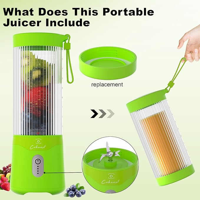 COKUNST Portable Blender, USB Rechargeable Personal Blender for Smoothies, 16 OZ Mini Juicer Mixer with 6 Blades, Small Blenders Cup with 2 Lids, Shake Bottle for Travel, Office, Gym, Kitchen Green