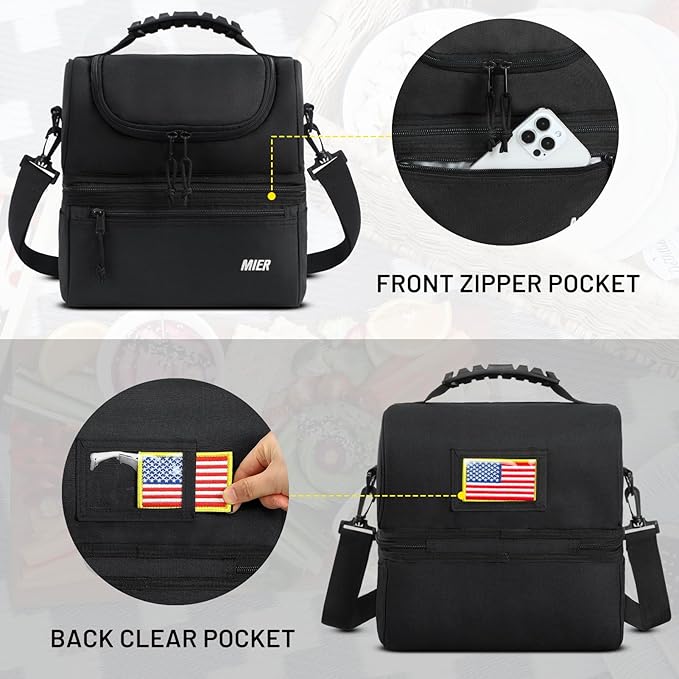 MIER Adult Lunch Box Insulated Lunch Bag Large Cooler Tote Bag for Men, Women, Double Deck Cooler(Black Large)