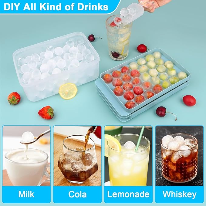 Ice Cube Trays with Lids for Freezer, 66 Sphere Ice Cube Tray with Bin Easy Release for Iced Coffee or Ice Drinks, Ice Tray with Ice Scoop Ice Cube Mold for Reusable Ice Cubes for Ice Bucket