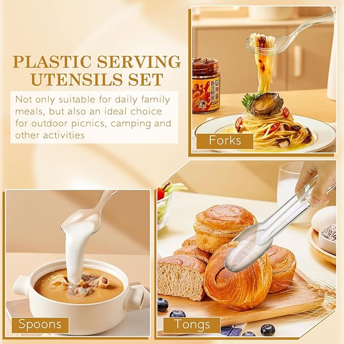 36Pcs Serving Utensils 9'' Large Plastic Serving Utensils Set Serving Spoons for Buffet Clear Disposable Plastic Tongs Heavy Duty Slotted Spoons/Forks Supplies for Party Food Salad Noodles Soup