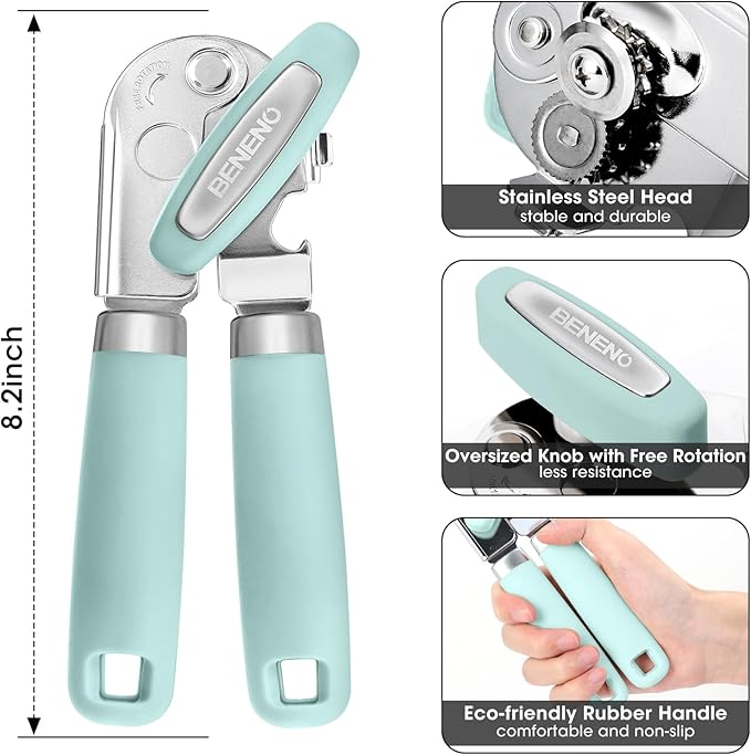 Beneno Heavy Duty Hand Can Opener Manual with Magnet, Durable Sharp Carbon Steel Blade Smooth Cutting, Big Effort-Saving Knob & Soft Grip Handle, Multifunctional Kitchen Tool with Bottle Opener, Mint