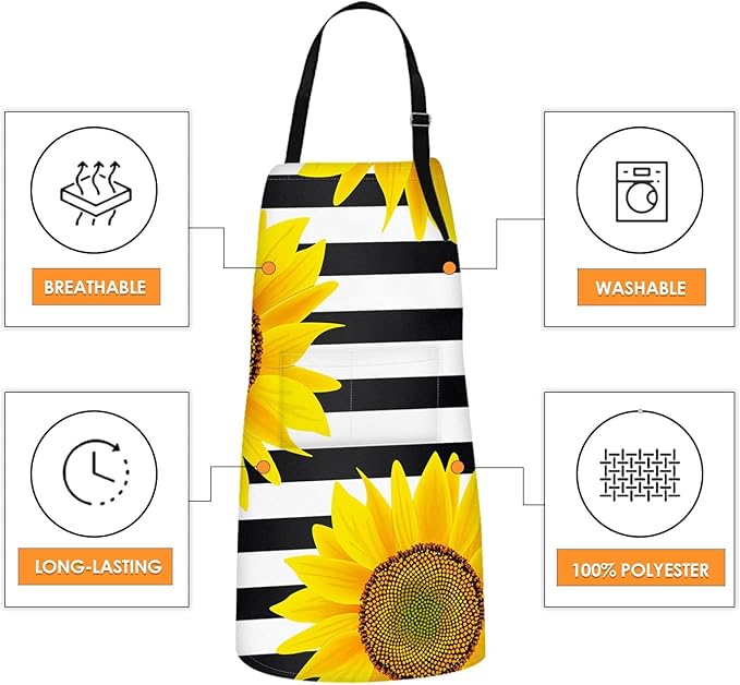 Britimes Apron Home Kitchen Cooking Baking Gardening for Women Men with Pockets Sunflowers Striped Black White Flower 32x28 inch