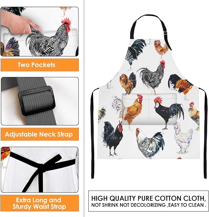 Britimes Apron Home Kitchen Cooking Baking Gardening for Women Men With Pockets Farm Bird Rooster Chicken Animal Funny 32x28 inch