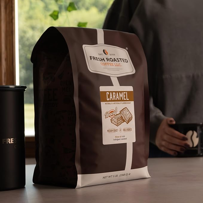 Fresh Roasted Coffee, Decaf Caramel Flavored Coffee, 5 lb (80 oz), Medium Roast, Kosher, Whole Bean