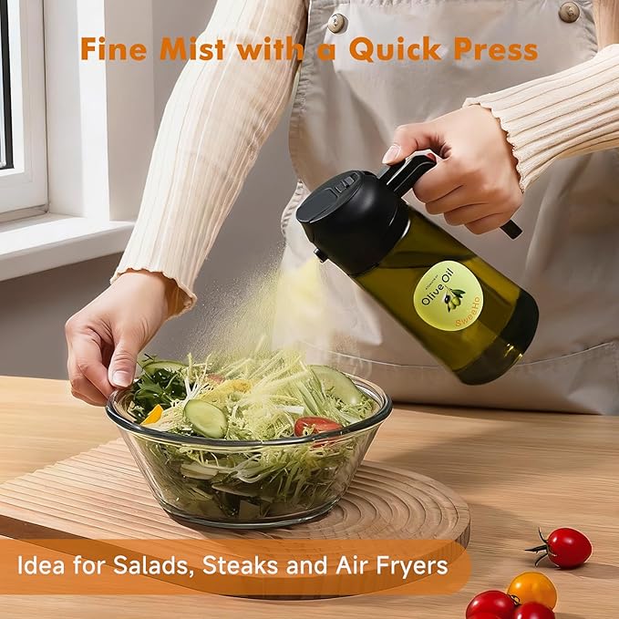 Oil Sprayer for Cooking,470ml Cooking Olive Oil Sprayer and Oil Dispenser 2 In 1, Food-grade Glass Oil Spray Bottle Mister for Air Fryer, BBQ, Griddle (Black+dark green glass and color label)