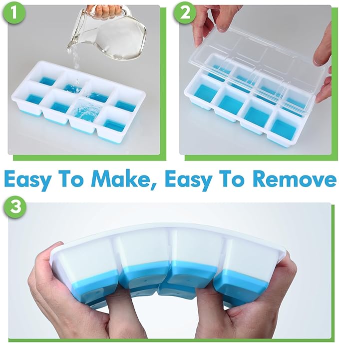 Large Ice Cube Trays with Lid, Jrisbo 2 Pack Stackable Silicone Ice Cube Molds for Freezer, Easy Release 16 Big Square Ice Trays for Whisky Cocktails (Blue)