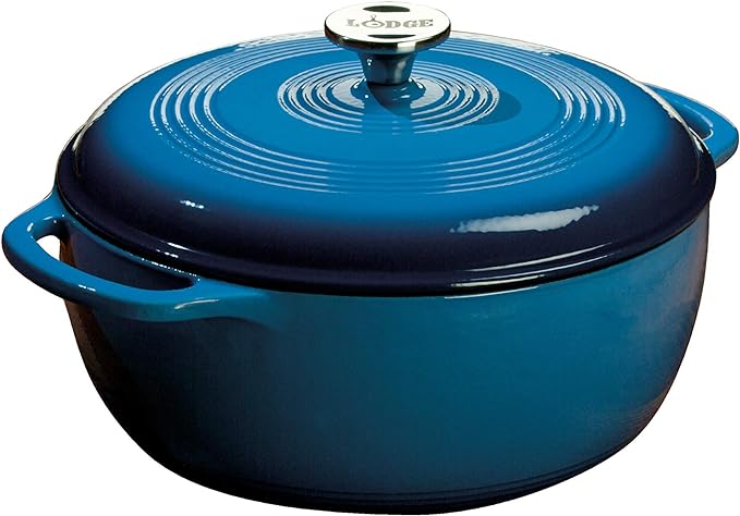 Lodge 6 Quart Enameled Cast Iron Dutch Oven with Lid – Dual Handles – Oven Safe up to 500° F or on Stovetop - Use to Marinate, Cook, Bake, Refrigerate and Serve – Blue