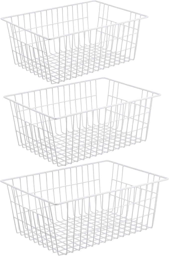 iPEGTOP Wire Freezer Stroage Baskets, 13.4 inch Set of 3 Farmhouse Storage Bins Basket Freezer Storage Organizer Bins with Handles for Kitchen Cabinets, Pantry, Closets, Bedrooms, Bathrooms- White