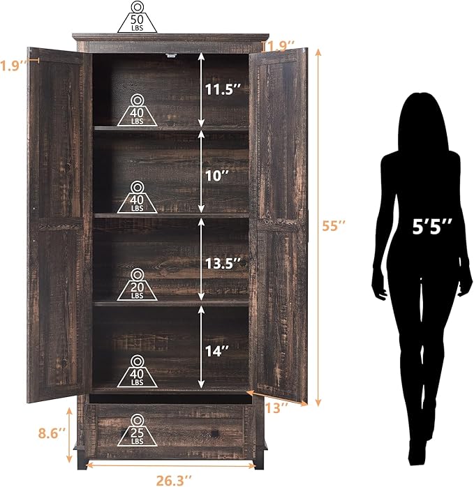 AMERLIFE 2 Pcs Farmhouse Kitchen Pantry Cabinet, 72" Tall Storage Cabinet with Adjustable Shelves & Barn Doors & Drawer, Freestanding Kitchen Cupboard for Dining Room, Living Room, Dark Rustic Oak