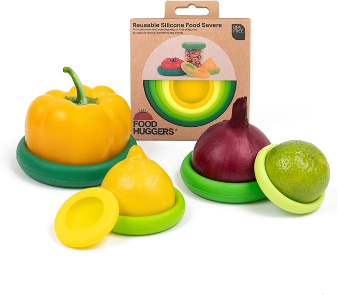 Food Huggers 5pc Reusable Silicone Food Savers | BPA Free & Dishwasher Safe | Fruit & Vegetable Produce Storage for Onion, Tomato, Lemon, Banana, Cans & More | Round, Fresh Greens