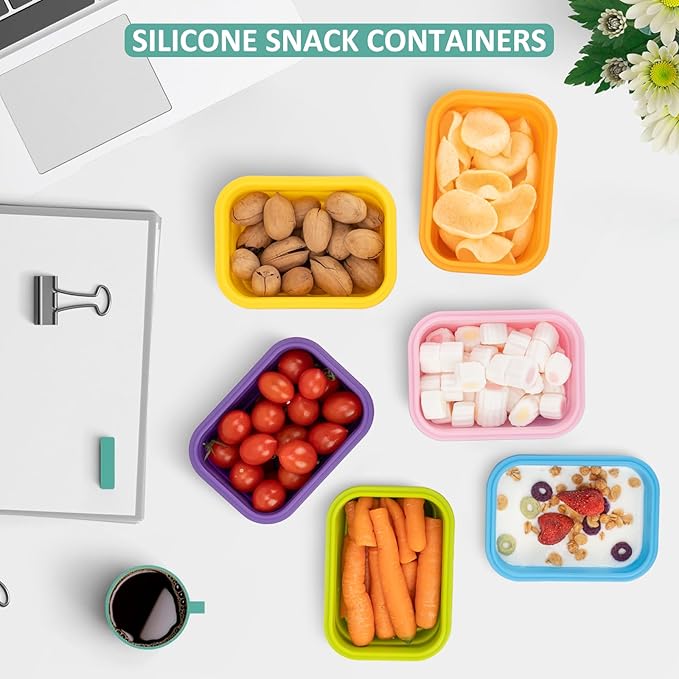 Reusable Silicone Snack Sontainers with Lids, 14oz, Small Collapsible Food Storage Containers for Meal Lunch Small Portion, Stackable, Space Saver for RV, Travel, Microwave Dishwasher Safe, 6 Pack