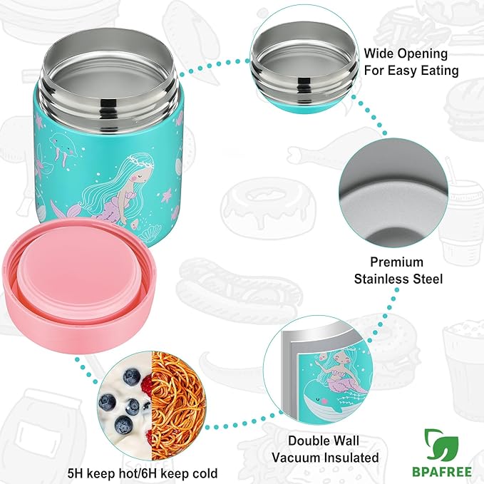 Itslife Bento Lunch Box Set for Kids with 12oz Soup Thermo&Lunch Bag, Leak-Proof Lunch Food Containers for Kids School, 5 Compartment, Sauce Cup, 10 Notes (Mermaids Green)