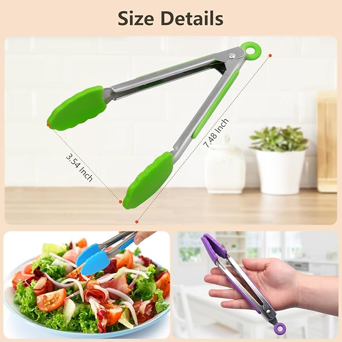 ForTomorrow 7 Inch Small Kitchen Tongs with Silicone Tips, Mini Serving Food Tongs Stainless Steel for Salad, Grilling, Frying and Cooking, 5 Pieces
