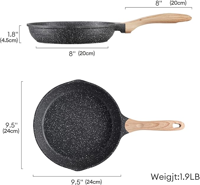JEETEE 9.5 Inch Nonstick Frying Pan, Stone Coating Cookware, Nonstick Omelette Pan with Heat-Resistant Handle, Compatible with All Stoves (Grey)