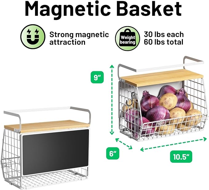 Magnetic Shelf for Fridge with Wood Lid, Fruit Potato and Onion Storage Bins, Pantry Organizers & Storage, Large Container Magnetic Spice Rack for Refrigerator, Kitchen Counter (White, 2)