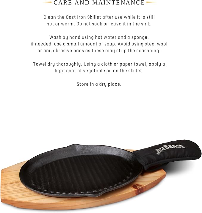 Jim Beam JB0159, Heavy Duty Construction, Pre Seasoned Cast Iron Skillet with Wooden Base and Mitt, Black,Small