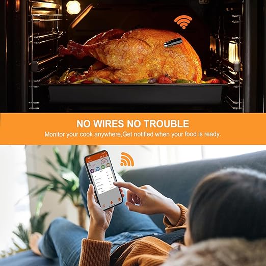 Wireless Meat Thermometer – Digital Cooking Thermometer with Wireless Probe – 500Ft Remote Range Food Thermometer – with iOS & Android Read App -Preprogrammed Temperatures for BBQ, Oven, Grill