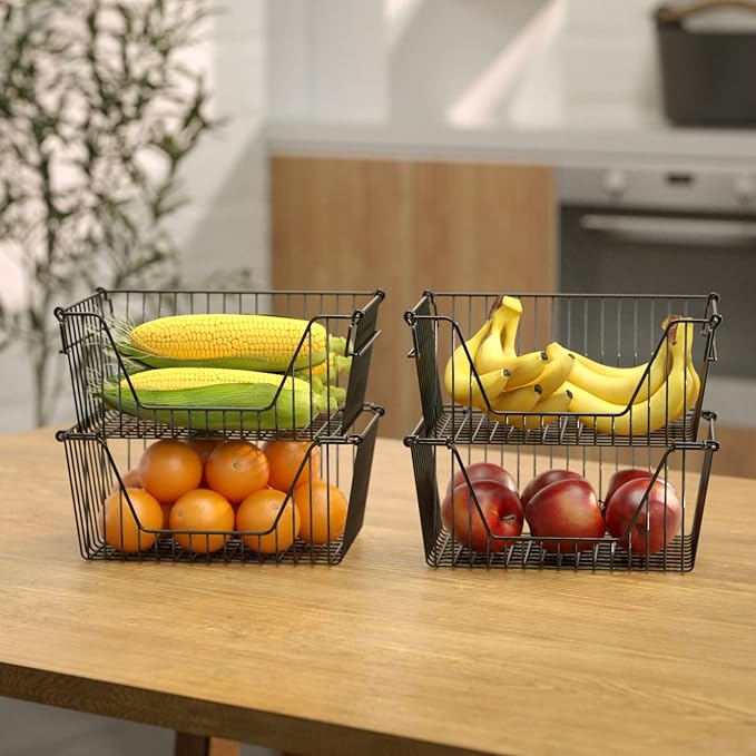 Slideep Wire Storage Baskets for Organizing, 4 Pack 14'' Stacking Metal Wire Freezer Organizer Bins with Handles, Large Pantry Baskets for Kitchen Cabinets, Bathroom, Laundry, Garage, Black