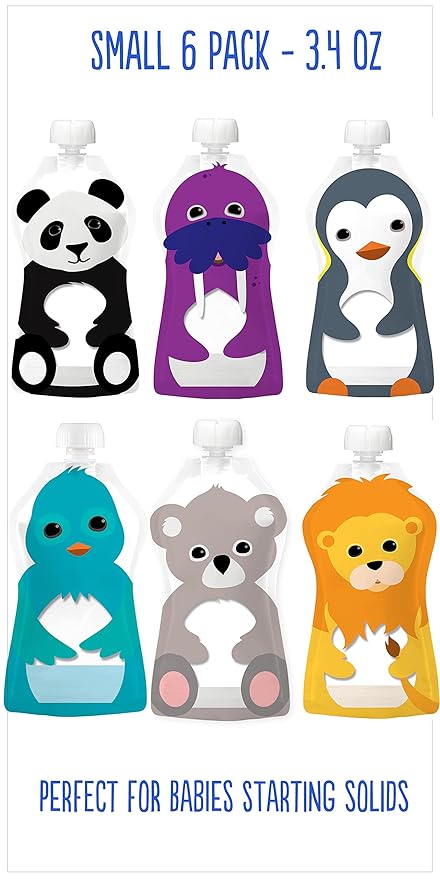 Squooshi Reusable Baby Food Pouches for Toddlers | BPA Free Plastic, Food Safe, Freezer Safe | Refillable for Applesauce Yogurt & Puree Squeeze Pouch | 6 Pack | 3.4 oz