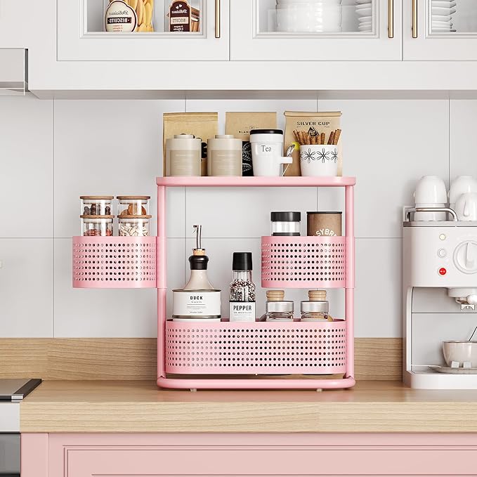 KINGRACK 3 Tier Bathroom Organizer Countertop, Multi-Purpose Makeup Organizer, Rotating Desktop Skincare Organizer, Vanity Tray Standing Rack for Bathroom, Pink