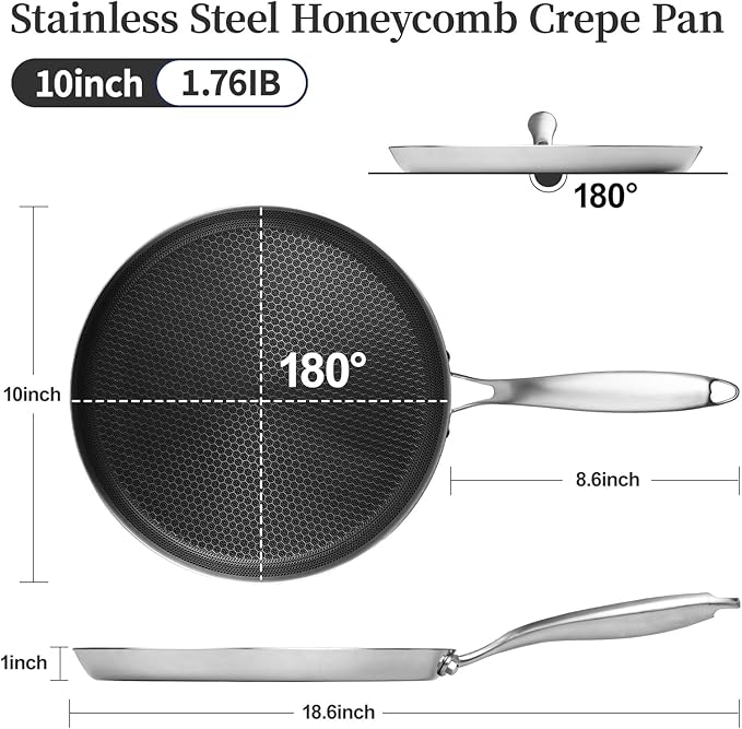 Innerwell Stainless Steel Crepe Pan - 10 Inch Nonstick Crepe Pan, Stainless Steel Honeycomb Coating Pancake Pan, Non Stick Flat Skillet Tawa Dosa Tortilla Griddle Pan, Induction Compatible, PFOA Free