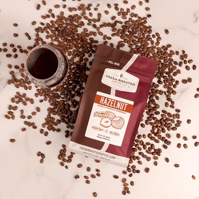 Fresh Roasted Coffee, Decaf Hazelnut Flavored Coffee, 12 oz, Medium Roast, Kosher, Whole Bean