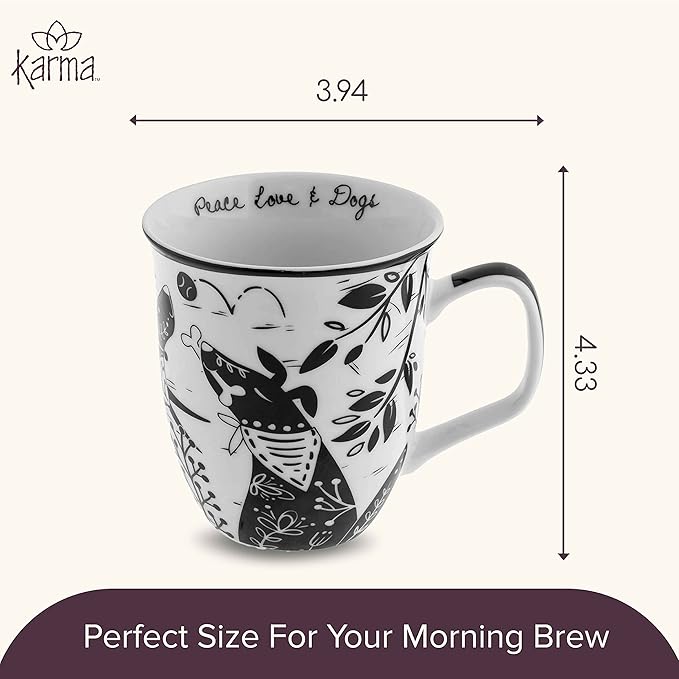 Karma Gifts 16 oz Black and White Boho Mug Dog - Cute Coffee and Tea Mug - Ceramic Coffee Mugs for Women and Men