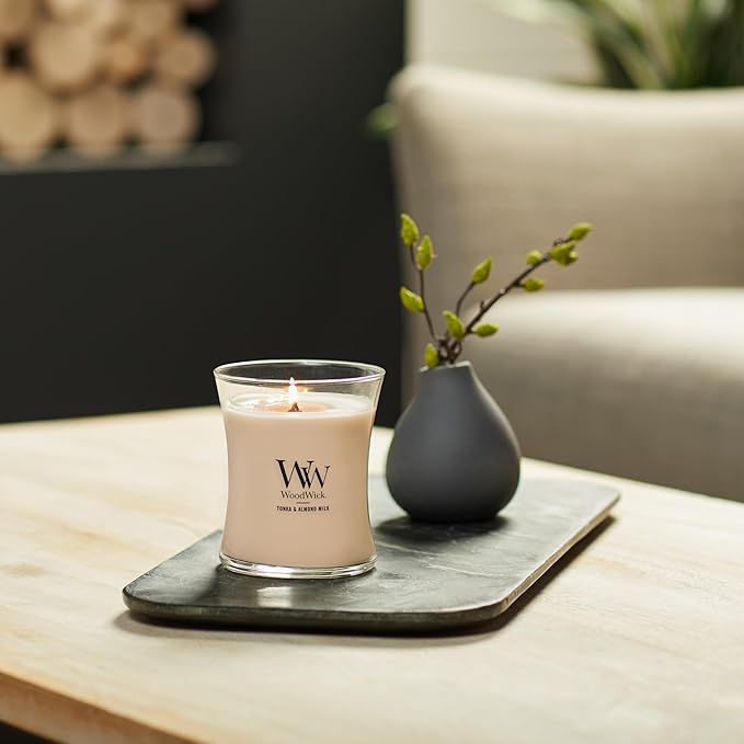 WoodWick Tonka & Almond Milk Gifts for Women and Men, 9.7 oz Medium Hourglass Candle with Crackling Wick