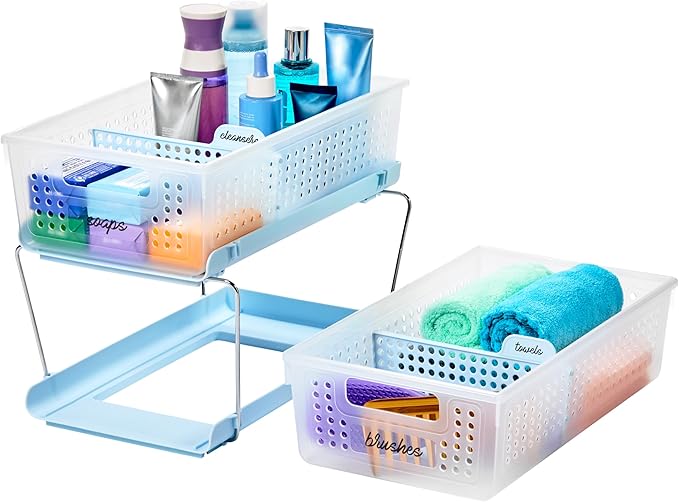 madesmart 2-Tier Organizer, Multi-Purpose Slide-Out Storage with Handles and Dividers for Home and Bath, Easy Assembly, BPA Free, Blue