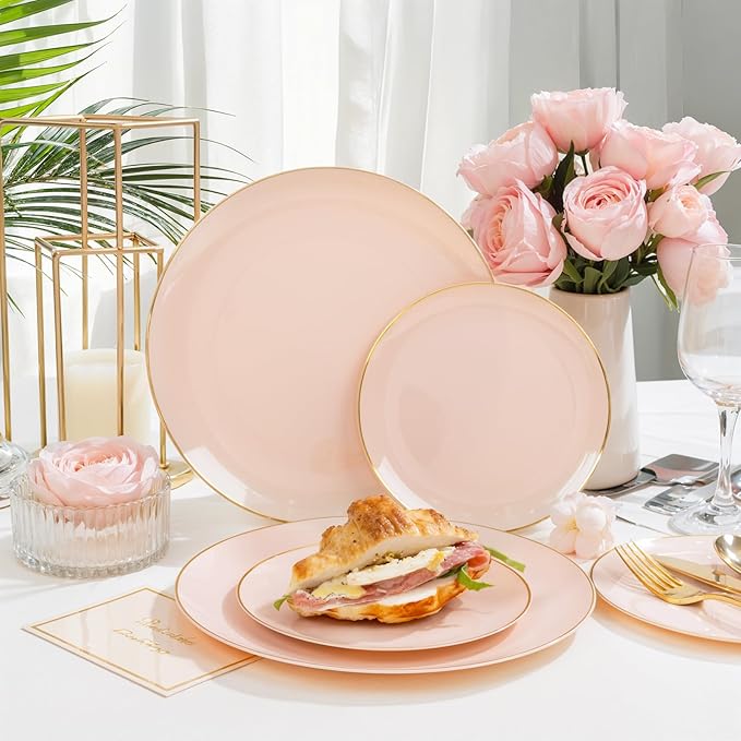 PULOTE 200Pieces Pink Plastic Plates - Premium Hard Pink and Gold Disposable - Include 100PCS 10 inch Dinner & 100PCS 7 inch Dessert Plates, Ideal for Wedding & Party