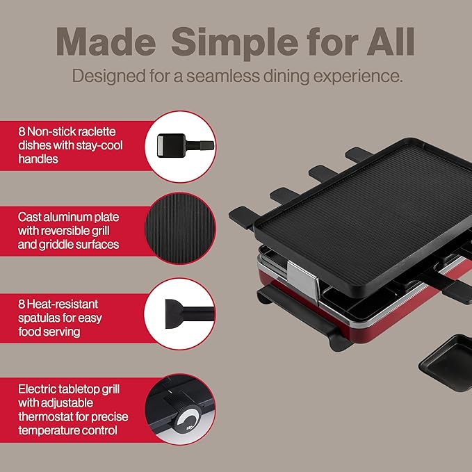 Swissmar Classic 8-Person Raclette Party Grill with Reversible Cast Aluminum Non-Stick Grill Plate/Crepe Top, Indoor Electric Raclette Grill & Griller - Black Grill Plate - Red