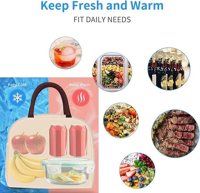 DALINDA Lunch Bag Lunch Box for Women Men Reusable Insulated Lunch Bags for Adults,Water-Resistant Cute Cooler Lunch Tote Bag, Large Capacity for Work Travel Picnic,Beige