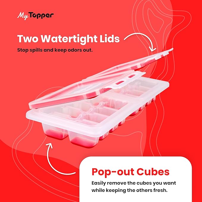 IceTopper Plus Ice Cube Tray with 2 Attached Lids - Easy Release Ice Cube Molds, 16 Cubes per Tray, Stackable & Dishwasher Safe, 100% Food Grade Silicone, BPA Free & Recyclable (4 Pack)